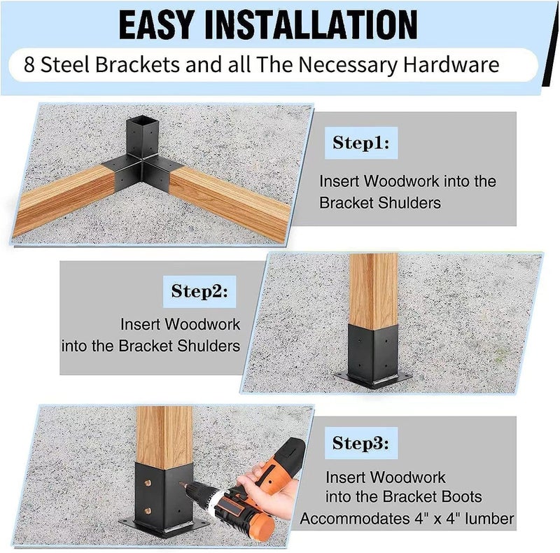SSKFerier Pergola Brackets Kit 4x4 Woodworks DIY 3-Way Right Angle Corner Bracket for Extension Elevated Wood Stand, Pergola Corner Brackets 4x4 - Image 4